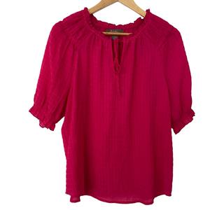 OLIVIA & MARTIN BRIGHT PINK TOP/BLOUSE WITH RUFFLE DETAILS, TIE NECKLINE, LARGE